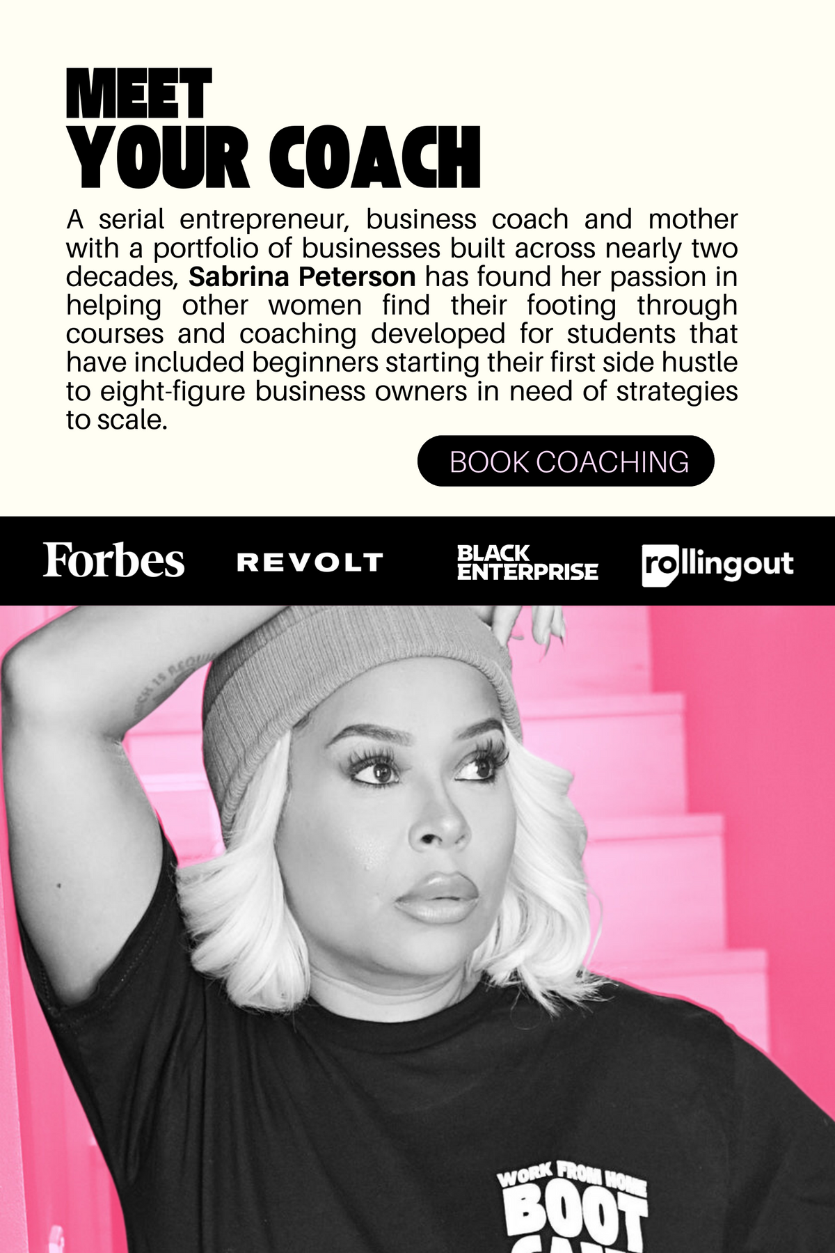 A serial entrepreneur, business coach and mother with a portfolio of businesses built across nearly two decades, Sabrina Peterson has found her passion in helping other women find their footing through courses and coaching developed for students that have included beginners starting their first side hustle to eight-figure business owners in need of strategies to scale.  