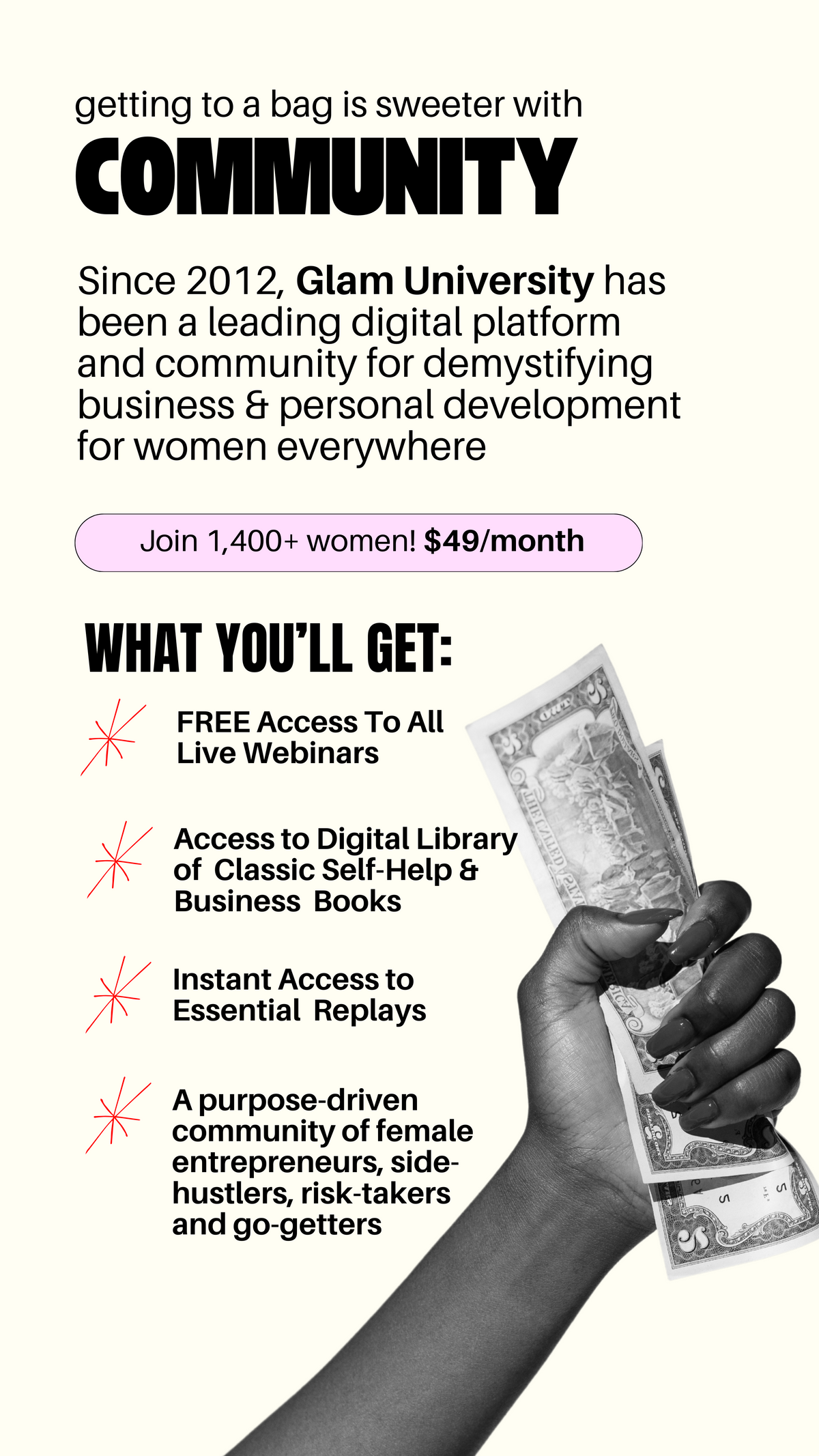 Founded by Sabrina Peterson in 2012, Glam University has been a leading digital platform and community for demystifying the DIY approach to business, finance, and personal development for women every where